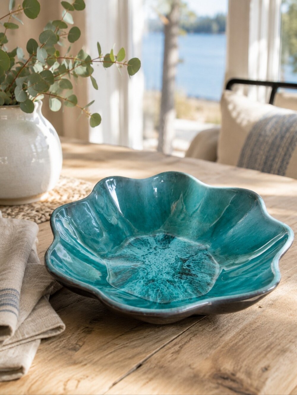 Vintage Canadian Pottery Turquoise Drip Scalloped Centerpiece Bowl